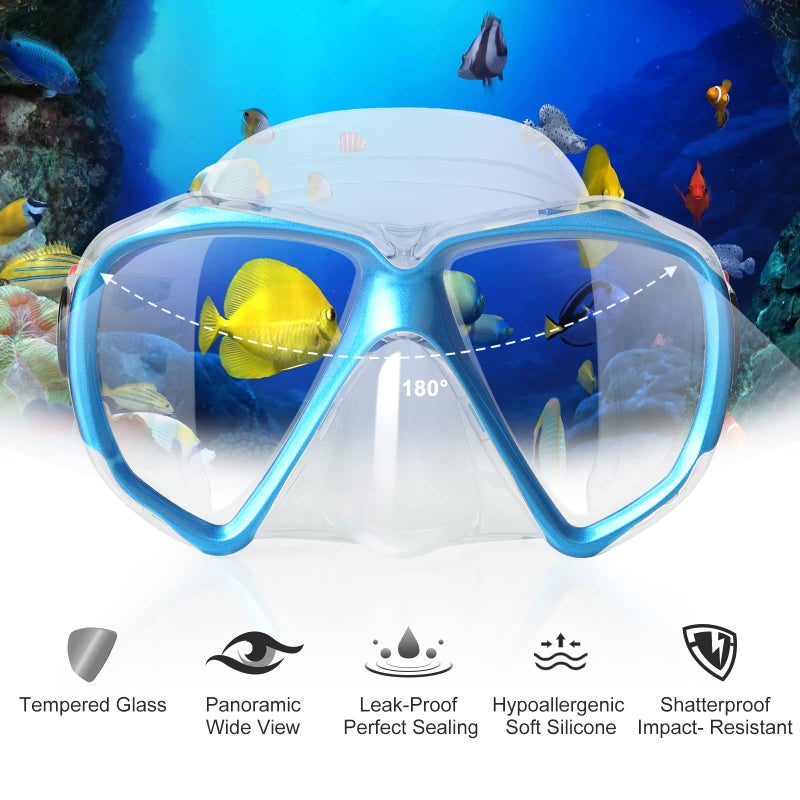 EXP VISION قناع غوص للغطس بانورامي عالي الدقة قناع سباحة مضاد للضباب نظارات غوص من الزجاج المقسى قناع غوص للكبار نظارات سباحة للشباب مع غطاء أنف للغوص والغطس والسباحة (بحيرة زرقاء) - Image 3